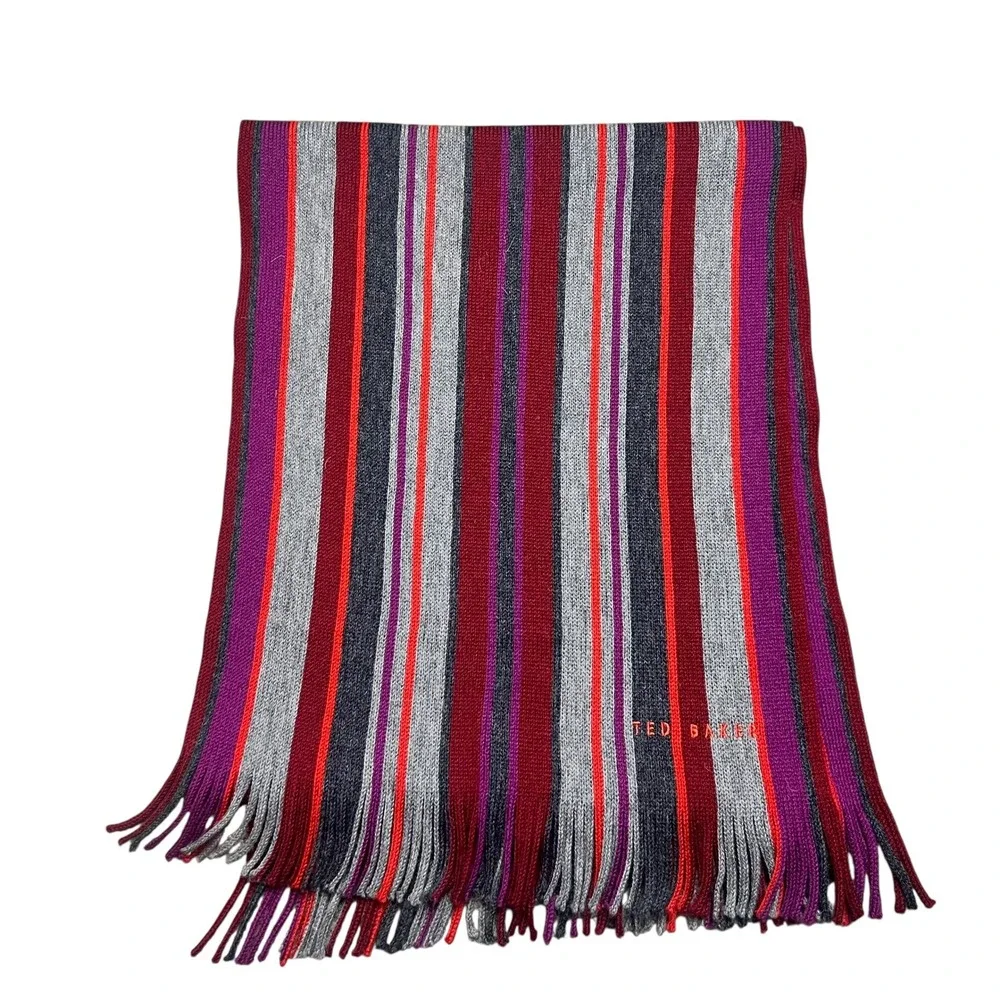 Ted‎ Baker London Mens Striped Knit Scarf Grey Burgundy Purple Orange Fringe